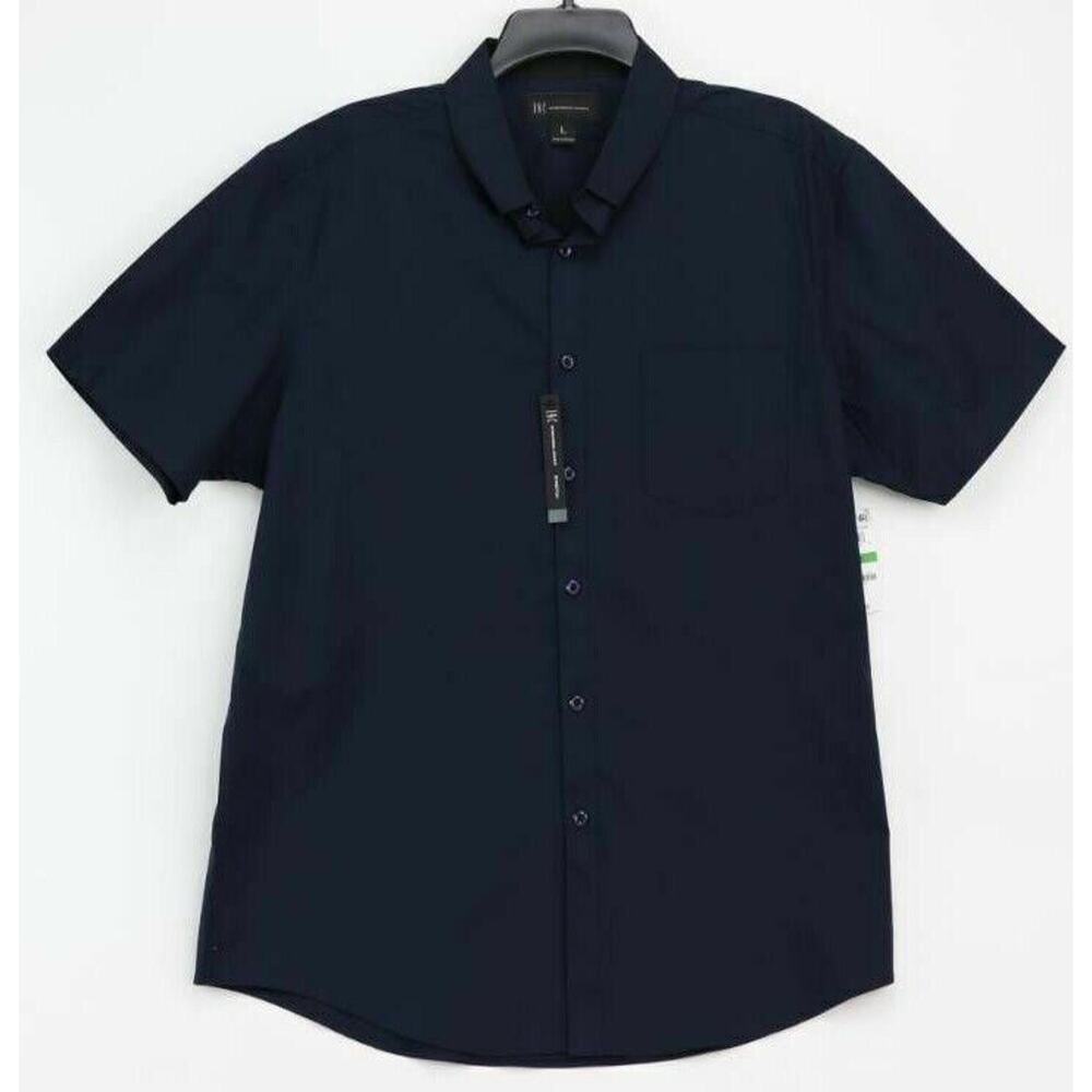 International Concepts Mens Button Front Shirt Navy Blue Short Sleeve‎ Stretch L